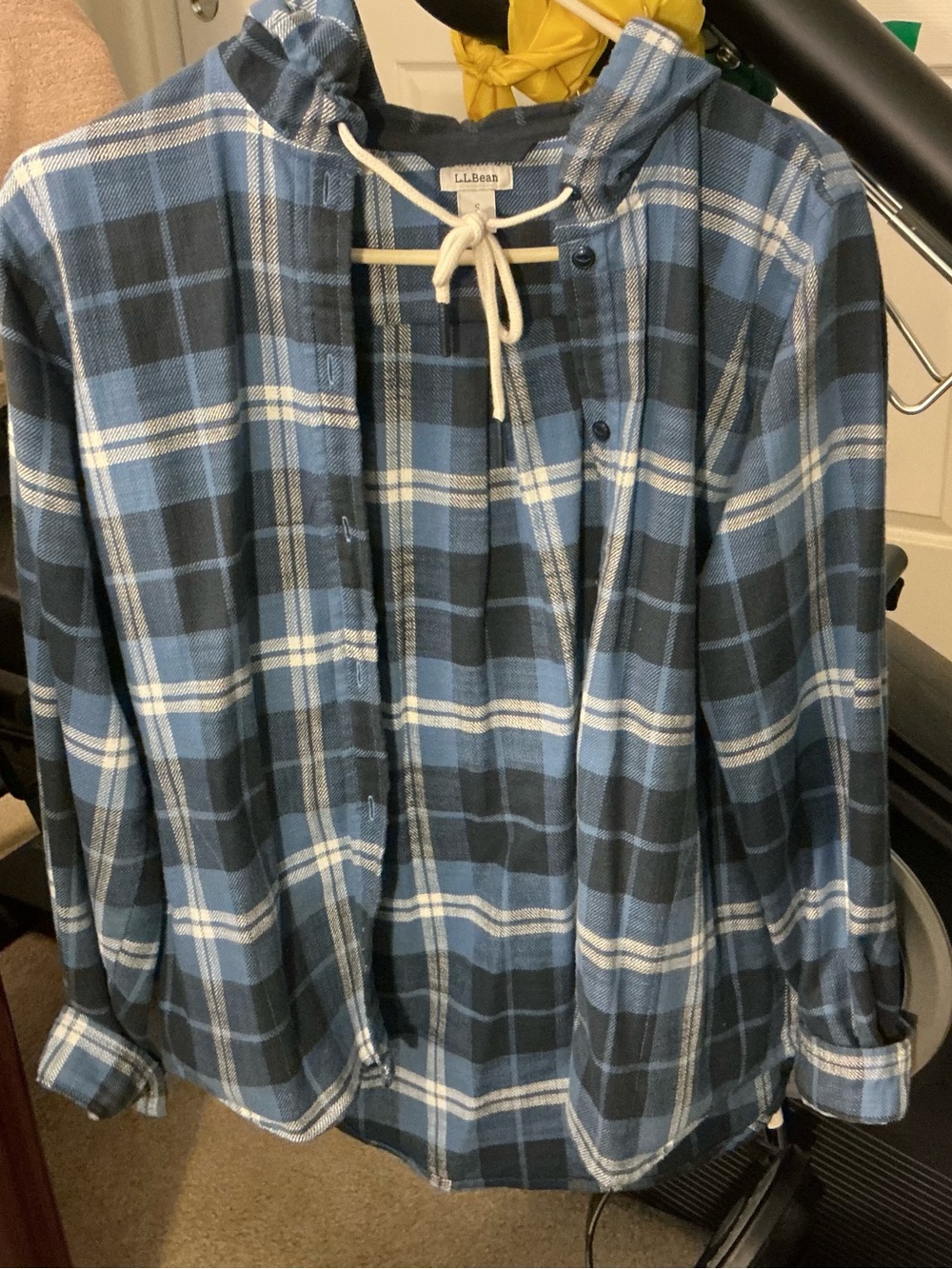 L.L. Bean Men's Blue and Black Plaid Hooded Button-Down Shirt